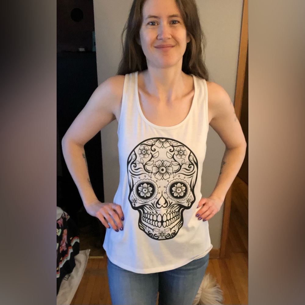 Tank top with a sparkly sugar skull. Size: S. Lovingly worn.